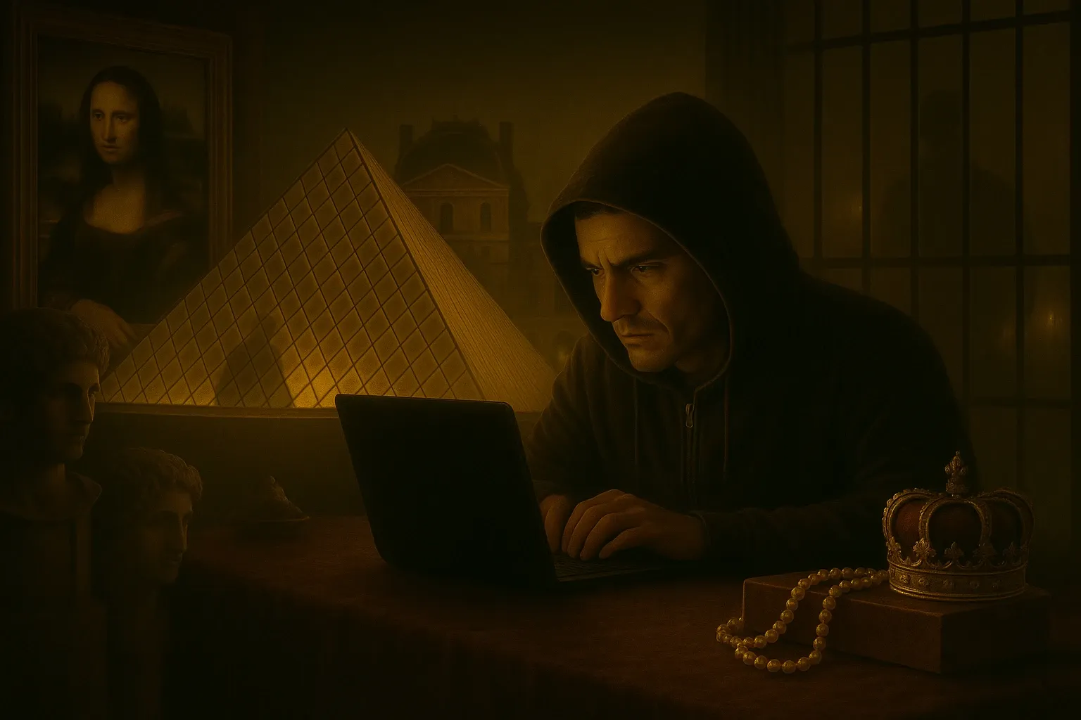 Düstere Heist-Szene mit Hacker, der vor der gläsernen Louvre-Pyramide sitzt – umgeben von der Mona Lisa, Statuen und Schmuckstücken. Keyvisual des Online Escape Games 'Diebstahl im Louvre' von i-Detect.