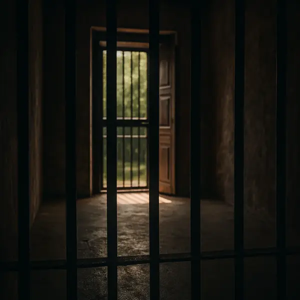 Blick durch eine geöffnete Gefängnistür ins Licht. Symbol für den Beginn des Abenteuers im Online Escape Game 'Diebstahl im Louvre' von i-Detect.