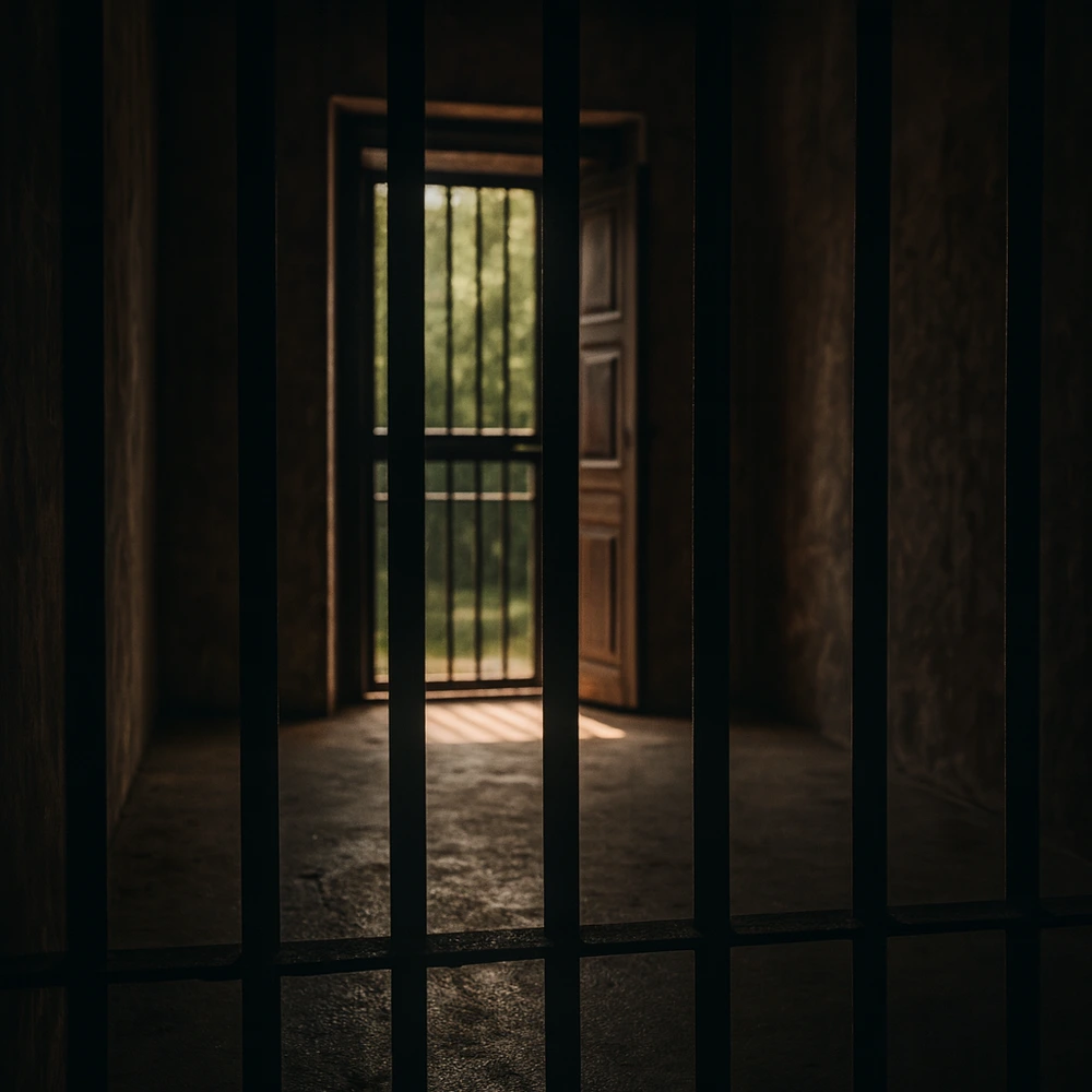 Blick durch eine geöffnete Gefängnistür ins Licht. Symbol für den Beginn des Abenteuers im Online Escape Game 'Diebstahl im Louvre' von i-Detect.