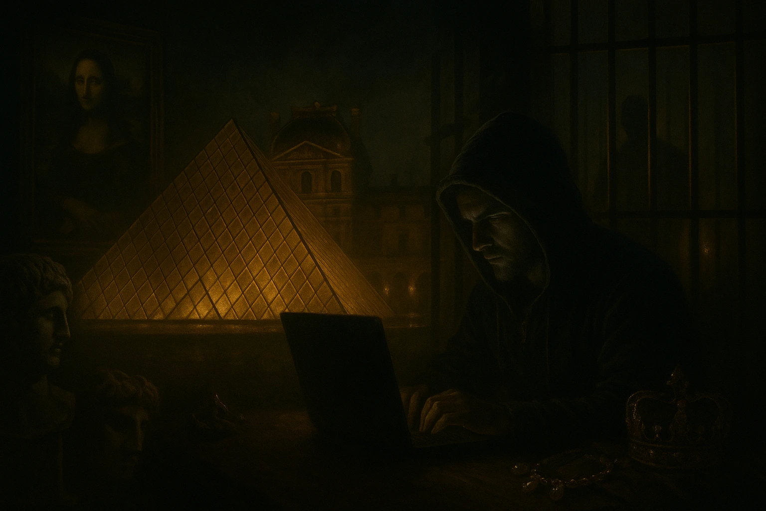 Düstere Heist-Szene mit Hacker, der vor der gläsernen Louvre-Pyramide sitzt – umgeben von der Mona Lisa, Statuen und Schmuckstücken. Keyvisual des Online Escape Games 'Diebstahl im Louvre' von i-Detect.
