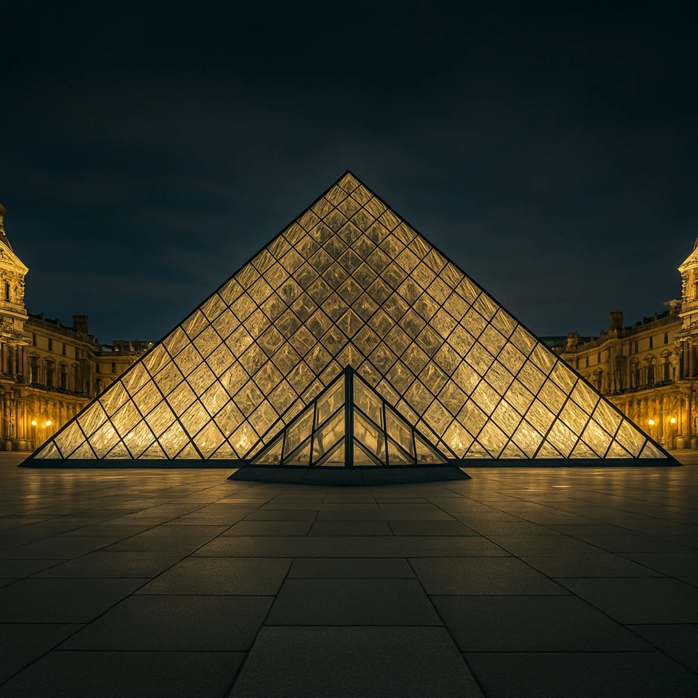 Beleuchtete Glaspyramide des Louvre in Paris bei Nacht. Ort der Handlung im Online Escape Game 'Diebstahl im Louvre' von i-Detect.
